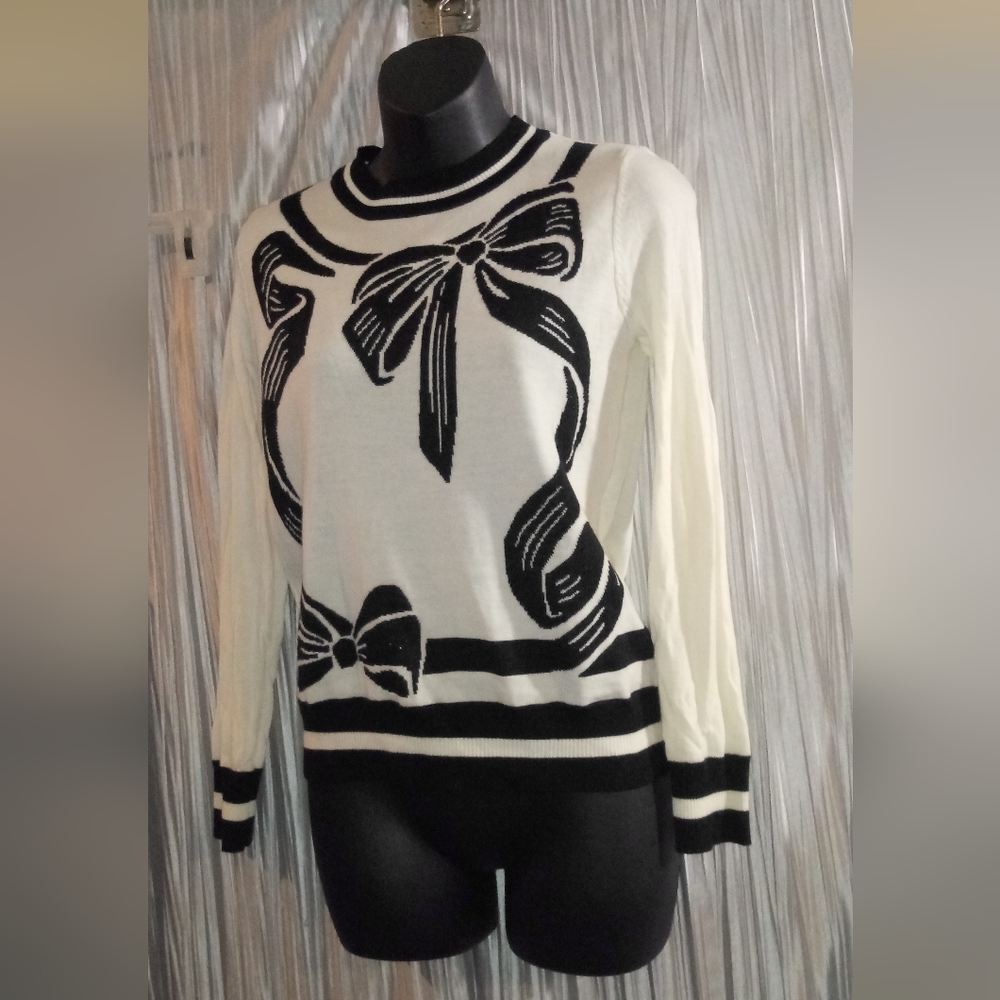 Twinset milano lightweight long sleeve top black and cream small ribbon